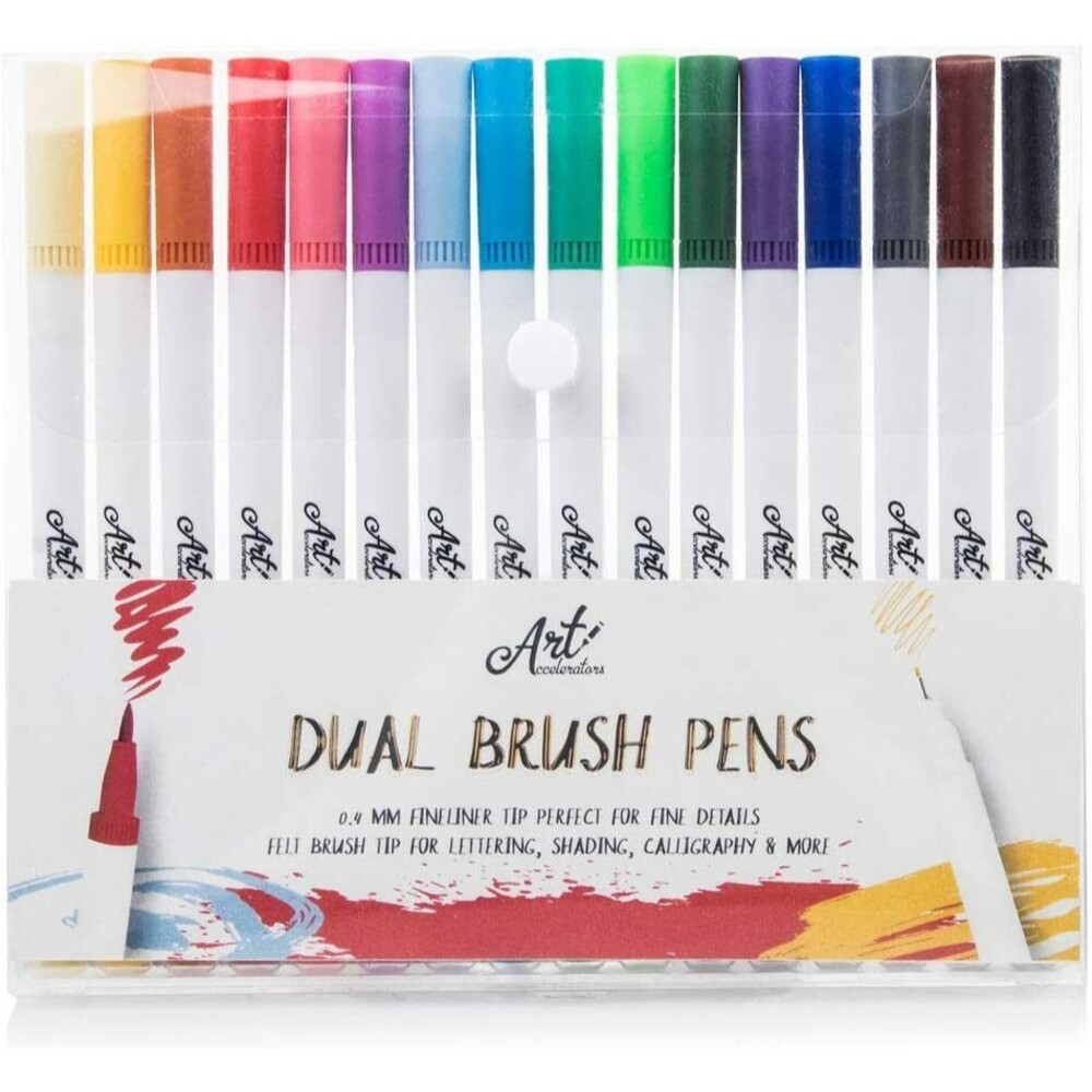 Water Based Art Markers - 16 Colors for Lettering, Coloring, Dual Brush Pens